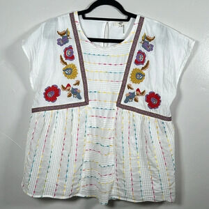 Entro Top with Floral Embroidery Size Medium Whited Lined Stripes Colorful Flowy